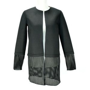 T. Tahari Black Laser Cut Long Open Scuba Jacket